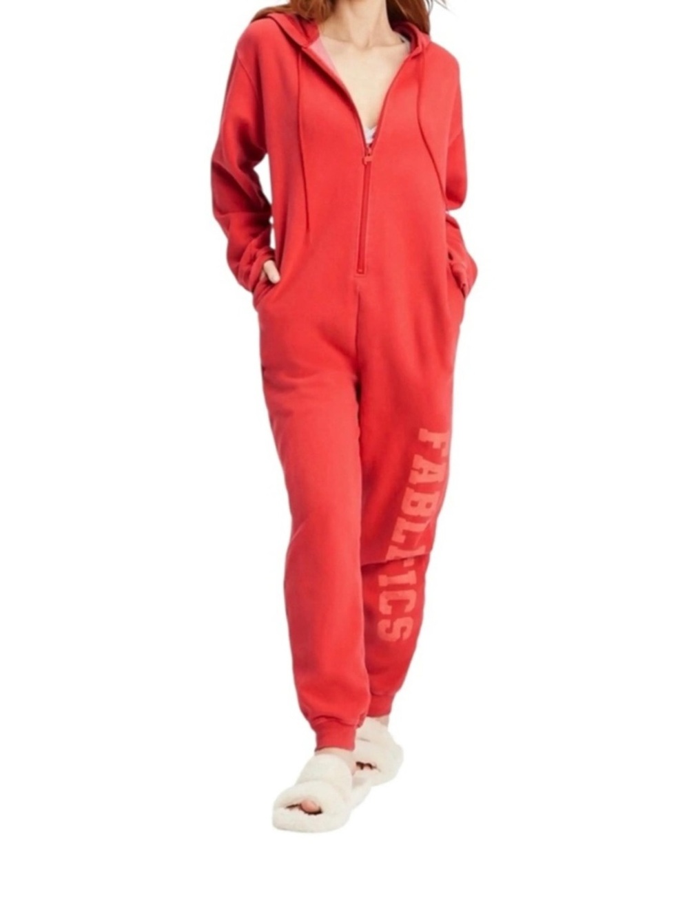Fabletics Go-To Fleece Hooded Onesie Jumpsuit Heated Red Size Large